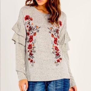 Miss Me Floral Embroidered Long Ruffle Sleeve Top